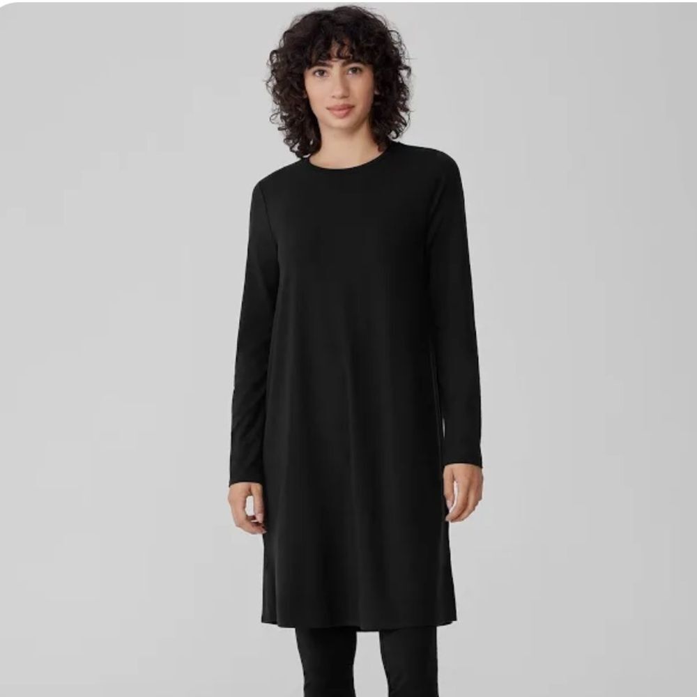 Eileen Fisher Black Fine Tencel Jersey Knit Roundneck Tunic/Shirt Dress Size PS